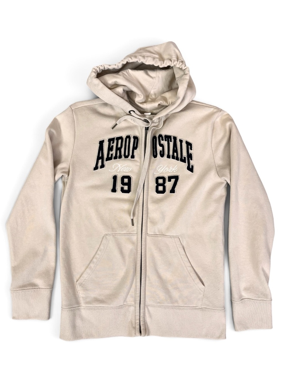 Aeropostale Cream Zip-Up Hoodie with Black Logo